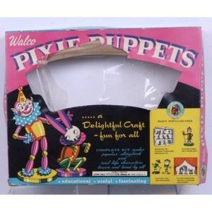 Vintage 1960 WALCO 18 PIXIE PUPPETS in Box Kids Mid Century Craft Kit Toys